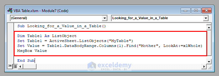 VBA Code to Look for a Value in an Excel Table with VBA