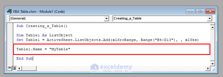 Naming an Excel Table with VBA