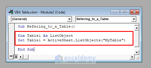 VBA Code to Refer to an Excel Table with VBA