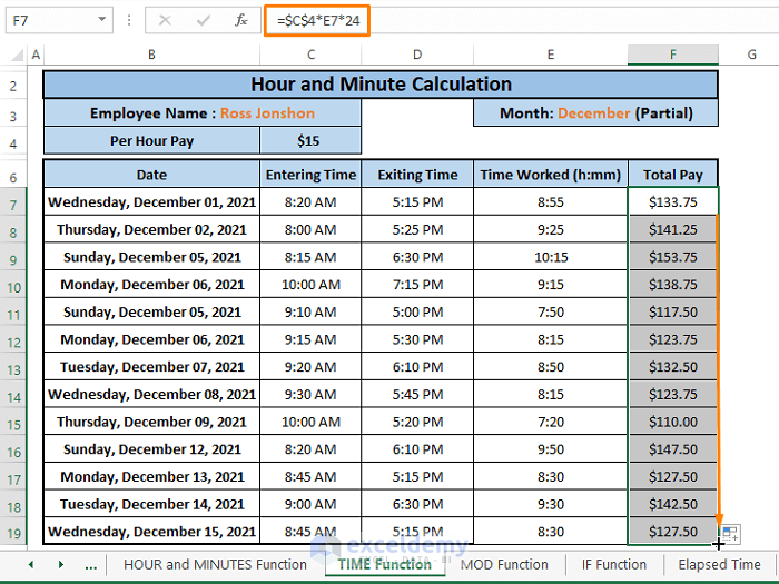 Formuls insertion-How to Calculate Hours and Minutes for Payroll in Excel
