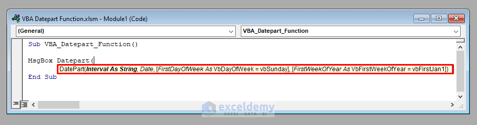 Syntax of the VBA Datepart Function
