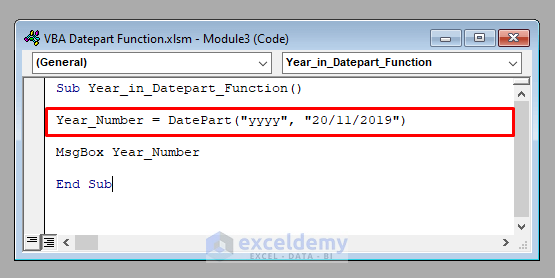 VBA Code to Return Year by the VBA Datepart Function