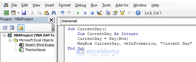 Use DAY Function in Excel VBA to Show Current Day in a Pop-up Window