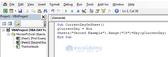 Use DAY Function in Excel VBA to Show Current Day in Excel Worksheet
