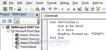 Use DAY Function in Excel VBA to Show Current Day Name