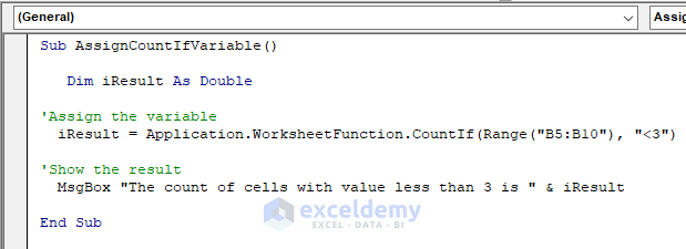 Assigning Result of the COUNTIF Function to a Variable in Excel VBA