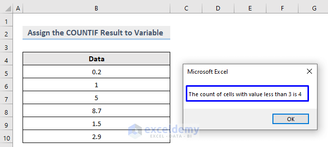 Result of Assigning Result of the COUNTIF Function to a Variable in Excel VBA