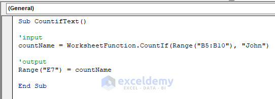 COUNTIF Function to Count a Specific Text in Excel VBA