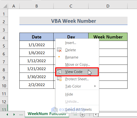 Excel WEEKNUM Function in VBA