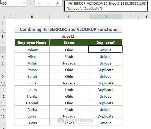 vlookup, iserror, if functions to find duplicates