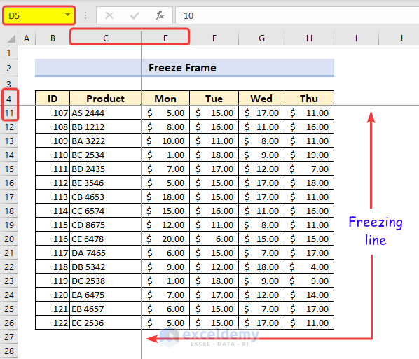 Excel freeze frame