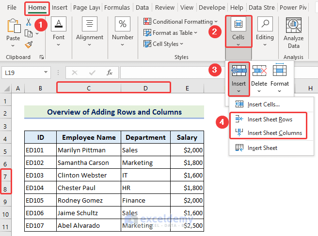 Overview of inserting rows and columns in Excel