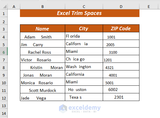Sample Dataset to Trim Spaces in Excel