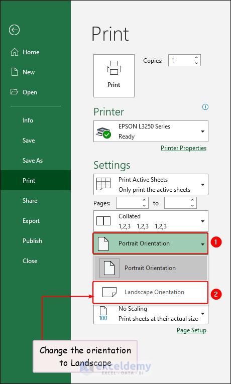 changing print orientation from potrait to landscape to fit one page in Excel