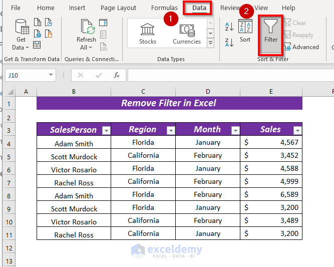 Remove Filter from the Entire Excel Table