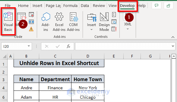 Shortcuts to unhide rows in Excel using VBA