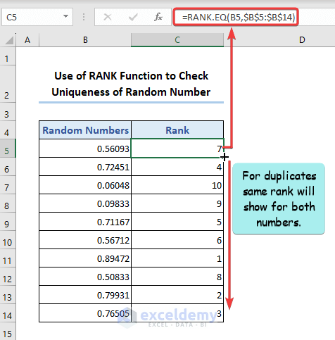Set rank of random numbers using RANK.EQ function