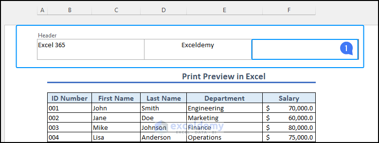 adding header and footer in Excel