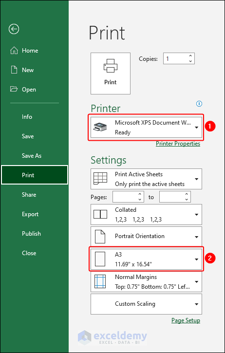 selecting A3 size paper to print to fit one page in Excel