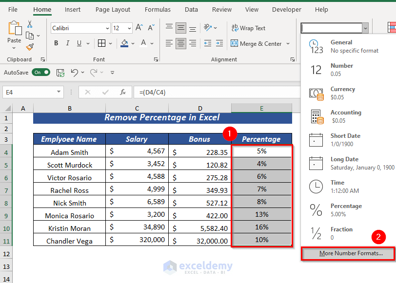 Remove Percentage Using Custom Format in Excel