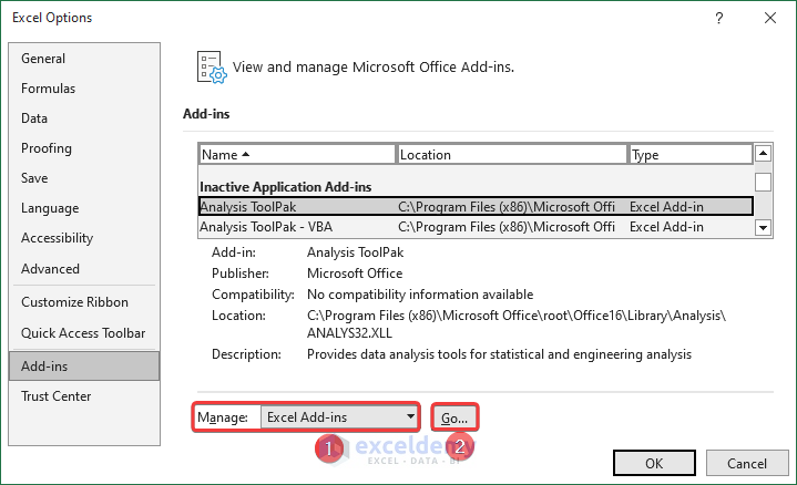 Enter into Excel options for enabling add-ins