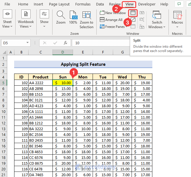 Excel Split feature to freeze frame