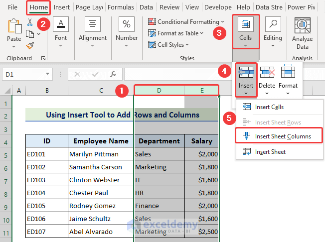 applying Insert Sheet Rows command to insert two columns