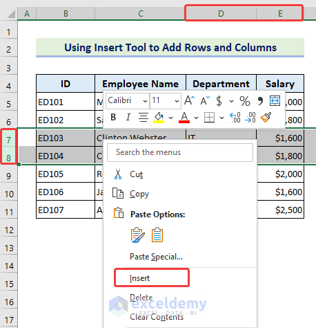 selecting the Insert option from the context menu to add rows