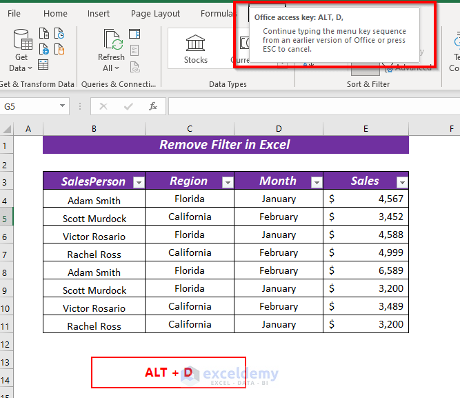 Keyboard Shortcut to Remove Filter in Excel