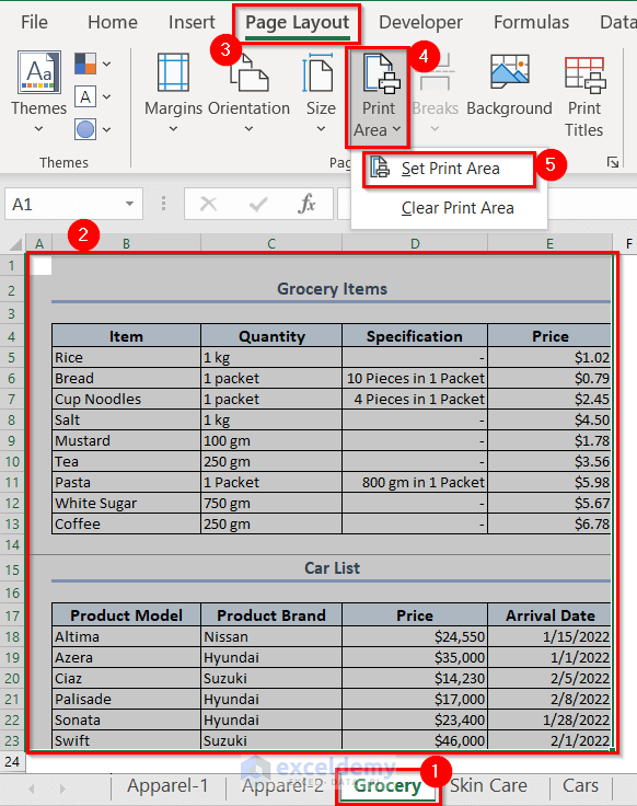 Manually Adjusting the Print Area for Grocery Sheet