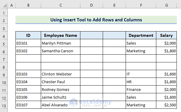 Output after adding rows and columns