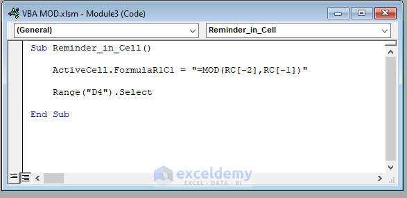 Using VBA MOD to Get Remainder in Cell