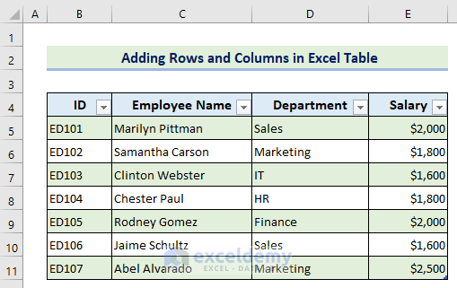 Dataset converted to an Excel table
