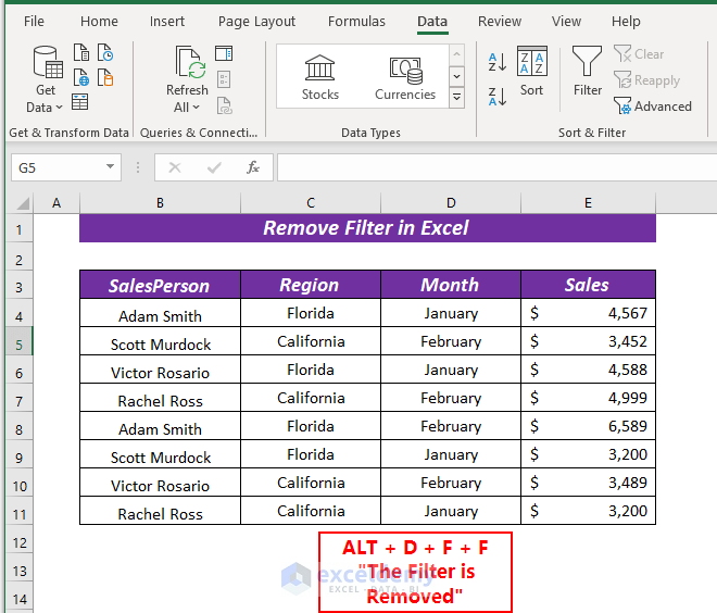 Keyboard Shortcut to Remove Filter in Excel