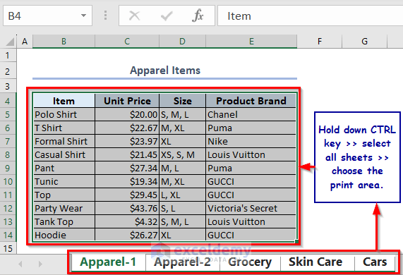 Print Same Area for Multiple Sheets in Excel