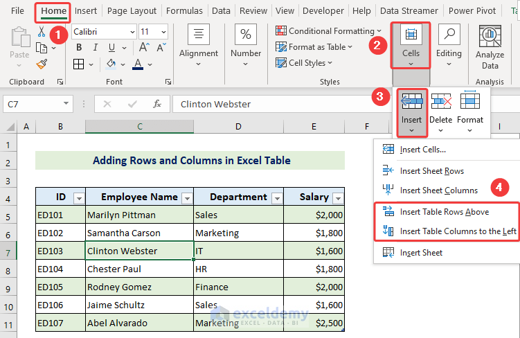 selecting Insert Table Rows Above and Insert Table Columns to the Left option
