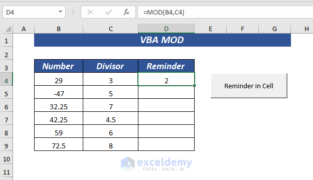 Using VBA MOD to Get Remainder in Cell