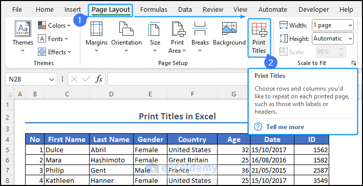 locating print titles option from the page layout tab in Excel