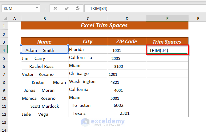 Using Excel TRIM Function to Trim Spaces of String Values