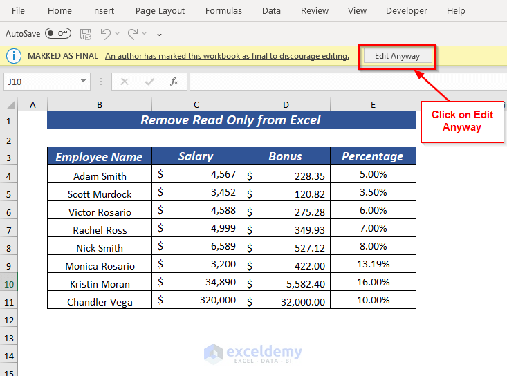 Remove Read Only from Marked As Final in Excel