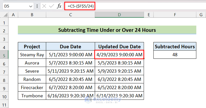 Subtracting Time Under or Over 24 Hours