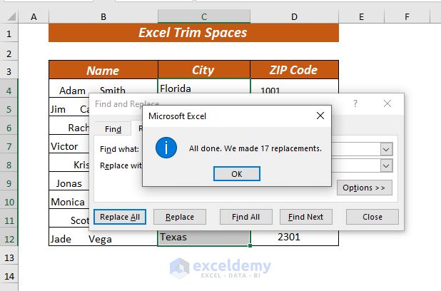 Using Find & Replace to Trim spaces in Excel