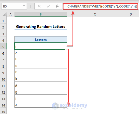 Creating random letters using the combination of the CHAR, RANDBETWEEN, and CODE functions