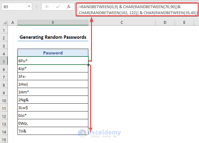 Combination of Excel CHAR and RANDBETWEEN functions to create random passwords