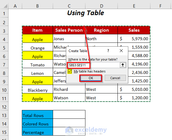 using Table option
