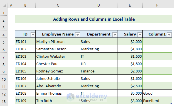 resized Excel table