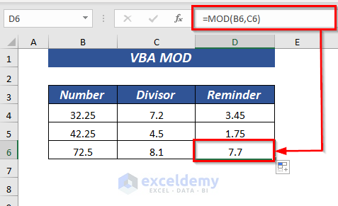 VBA MOD Rounds Up Decimal Number Greater Than 0.5