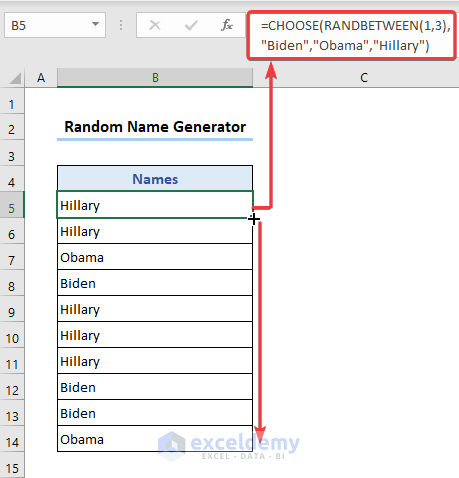 Random name generator formula using the combination of CHOOSE and RANDBETWEEN functions