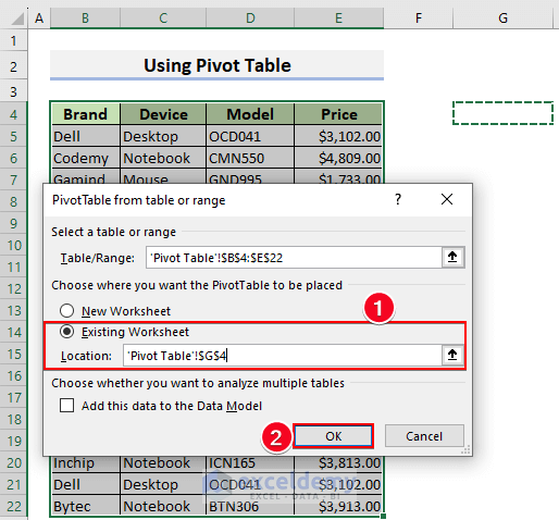 25-Selecting Existing Worksheet and put cell G4 in the location box