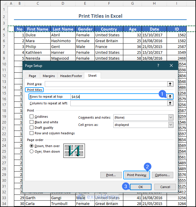 selecting rows in rows to repeat at the top option to print row titles in Excel